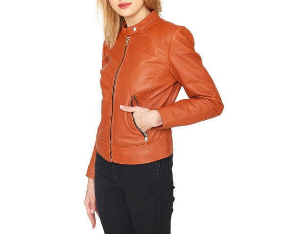 NOORA Women's Orange Lambskin Leather Jacket| Motorcycle Jacket |Stylish Party Wear Jacket| Best Birthday Gift For Her| SK06