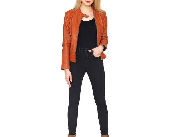 NOORA Women's Orange Lambskin Leather Jacket| Motorcycle Jacket |Stylish Party Wear Jacket| Best Birthday Gift For Her| SK06