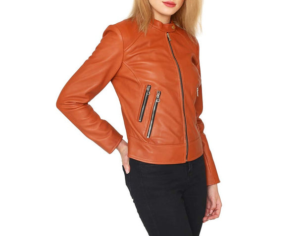 NOORA Women's Orange Lambskin Leather Jacket| Motorcycle Jacket |Stylish Party Wear Jacket| Birthday Gift For Her|