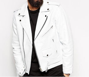 NOORA New Lambskin Mens White Leather Jacket, Cafe Racer Biker Motorcycle Jacket, Belted Leather Jacket YK0101