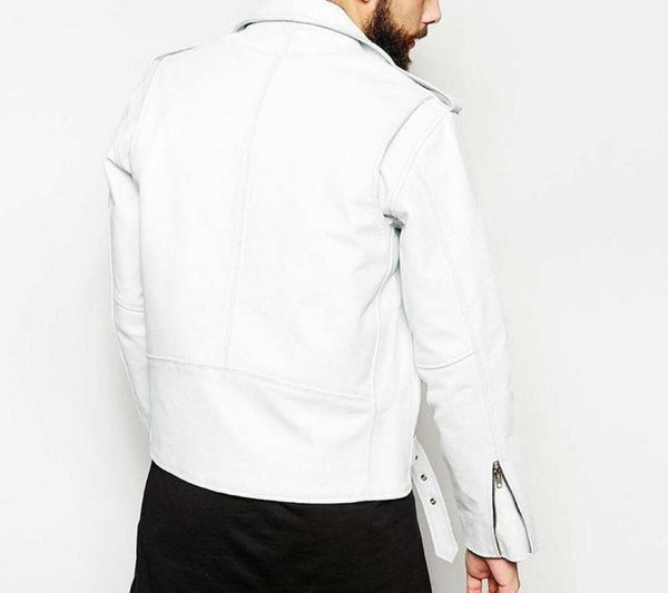 NOORA New Lambskin Mens White Leather Jacket, Cafe Racer Biker Motorcycle Jacket, Belted Leather Jacket YK0101