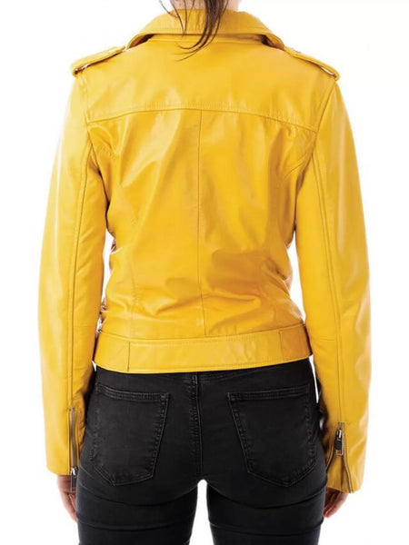 Noora Women's Soft Lambskin Yellow Leather Motorcycle Biker Belted Jacket Gift for Her  SN010