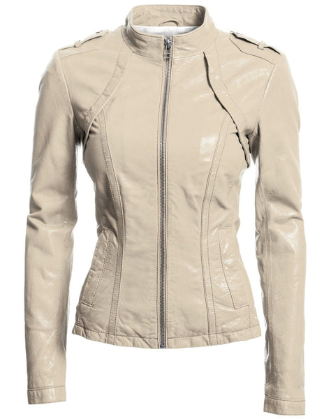 Women's Beige Fitted Leather Jacket ST0326 - Noora International