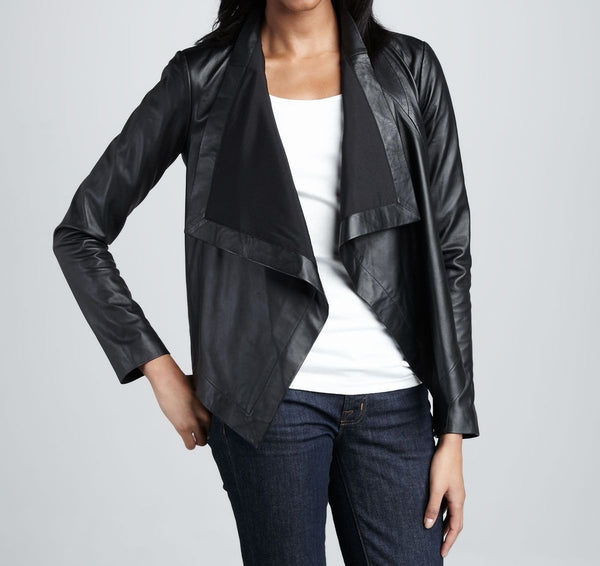 Women's Black Draped Lapel Leather Jacket ST0328 - Noora International