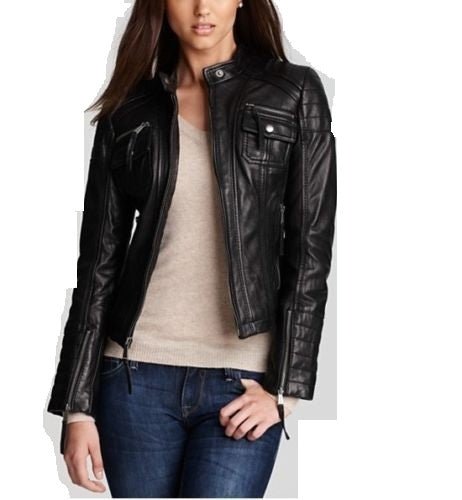 Women's black fitted detailed leather jacket ST0324 - Noora International