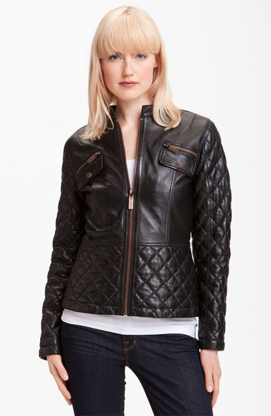 Women's Black Quilted leather jacket with Brown detailing ST0262 - Noora International