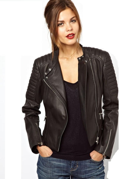 Women's Brown-Black Biker leather jacket ST0264 - Noora International