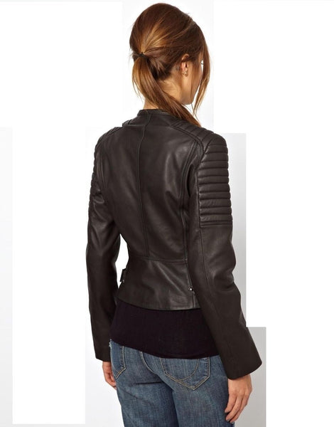 Women's Brown-Black Biker leather jacket ST0264 - Noora International