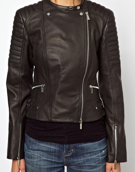 Women's Brown-Black Biker leather jacket ST0264 - Noora International