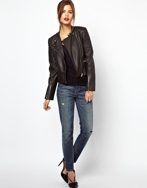 Women's Brown-Black Biker leather jacket ST0264 - Noora International