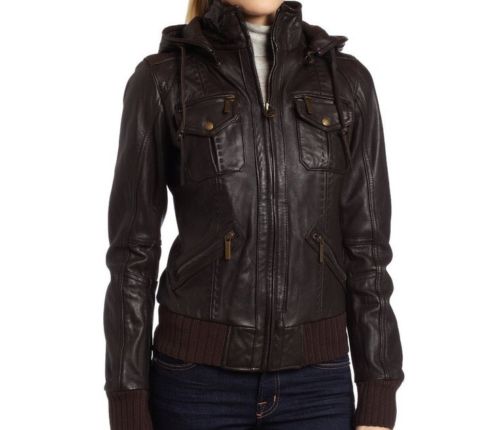 women's brown-hooded leather jacket ST042 - Noora International