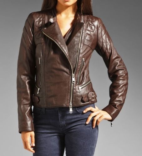 Women's Brown leather jacket with a Cinched back ST0348 - Noora International
