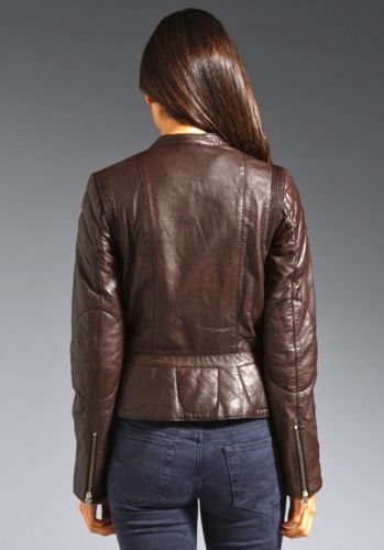 Women's Brown leather jacket with a Cinched back ST0348 - Noora International