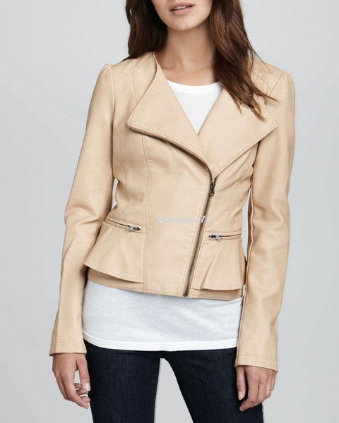 Women's Cream Leather Jacket ST0337 - Noora International