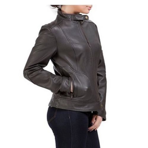 Women's Grey Solid Leather Jacket ST0317 - Noora International