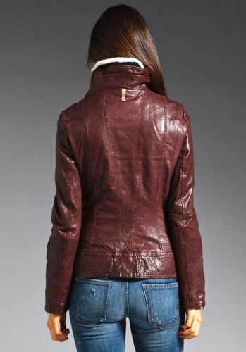 Women's High Neck Maroon leather jacket ST0330 - Noora International