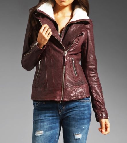 Women's High Neck Maroon leather jacket ST0330 - Noora International