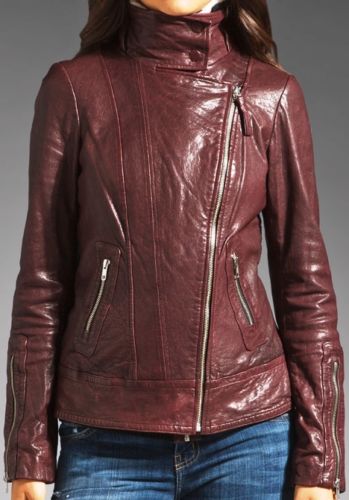 Women's High Neck Maroon leather jacket ST0330 - Noora International