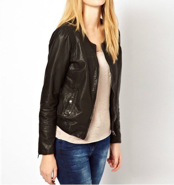 Women's Simple Brown leather jacket ST0284 - Noora International