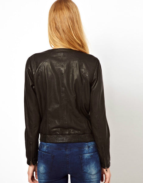 Women's Simple Brown leather jacket ST0284 - Noora International
