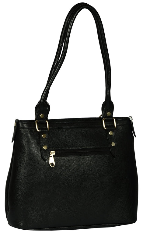 Women's solid black leather handbag