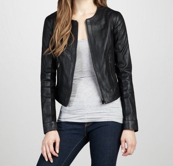 Women's Solid Black Leather Jacket ST0306 - Noora International