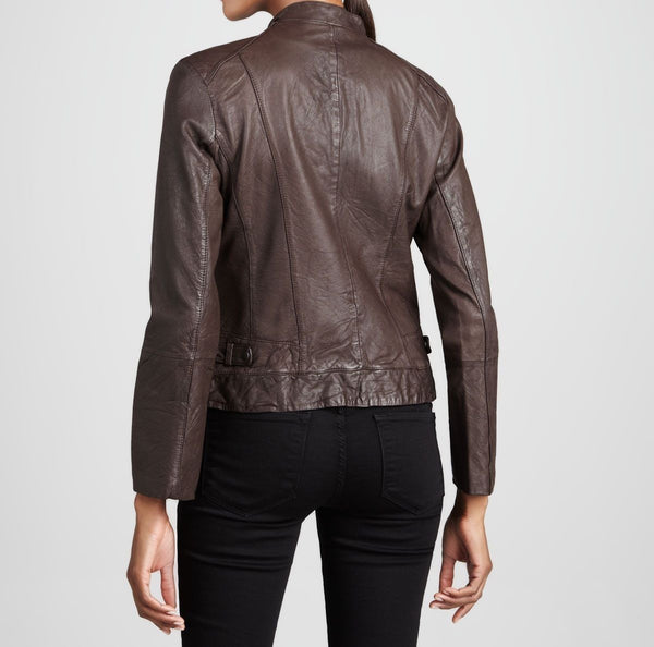 Women’s solid brown biker jacket ST0274 - Noora International