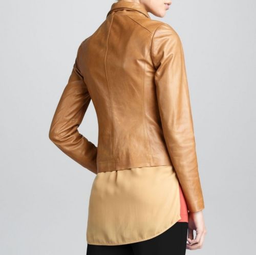 Women's Tan Moto leather jacket ST0340 - Noora International