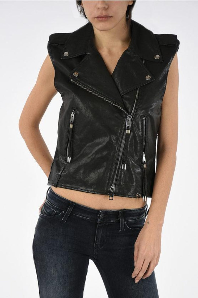 Noora New Womens Lambskin BLACK Leather Vest Coat With Buckle, Braided Designer Biker Sleeveless Coat YK0211