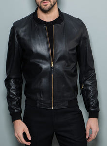 Noora Mens Leather Black  Jacket, Bomber Biker Jacket With Ribbed Cuff, Casual Jacket With Golden Zipper Closure YK0255