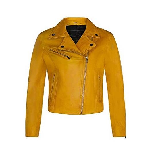NOORA New Women's Leather Biker Style Jacket | Yellow Lambskin Leather Jacket | Designer Made Jacket With Zipper Pocket - SK 08