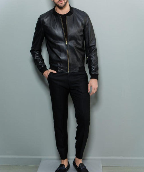 Noora Mens Leather Black  Jacket, Bomber Biker Jacket With Ribbed Cuff, Casual Jacket With Golden Zipper Closure YK0255