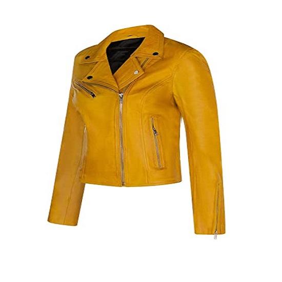 NOORA New Women's Leather Biker Style Jacket | Yellow Lambskin Leather Jacket | Designer Made Jacket With Zipper Pocket - SK 08