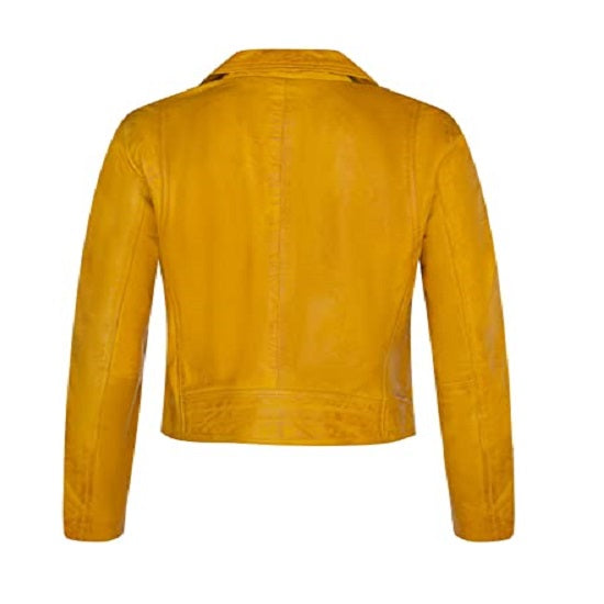 NOORA New Women's Leather Biker Style Jacket | Yellow Lambskin Leather Jacket | Designer Made Jacket With Zipper Pocket - SK 08