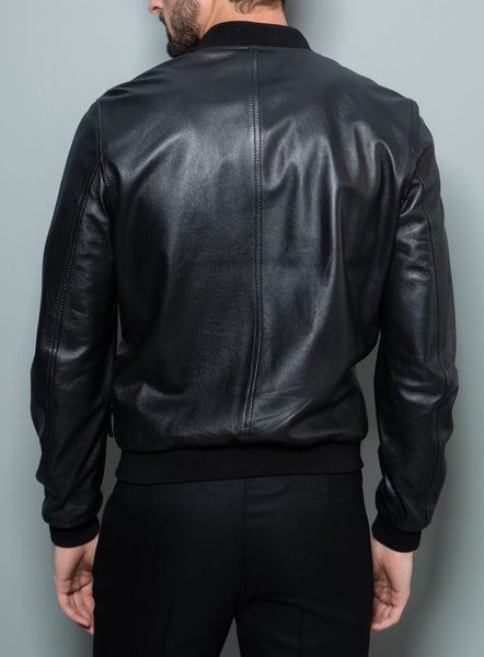 Noora Mens Leather Black  Jacket, Bomber Biker Jacket With Ribbed Cuff, Casual Jacket With Golden Zipper Closure YK0255