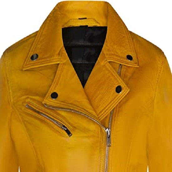 NOORA New Women's Leather Biker Style Jacket | Yellow Lambskin Leather Jacket | Designer Made Jacket With Zipper Pocket - SK 08